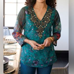 Soft Surroundings Beaurie beaded boho blouse & tank top women’s size small
